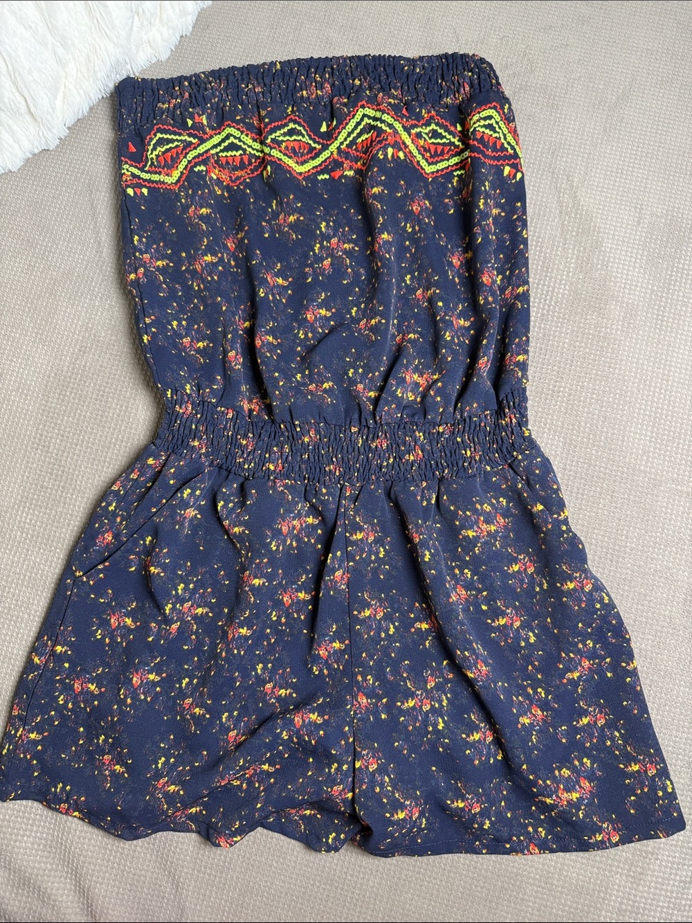Xhilaration Navy Floral Strapless Romper with Neon Embroidery and Sequins